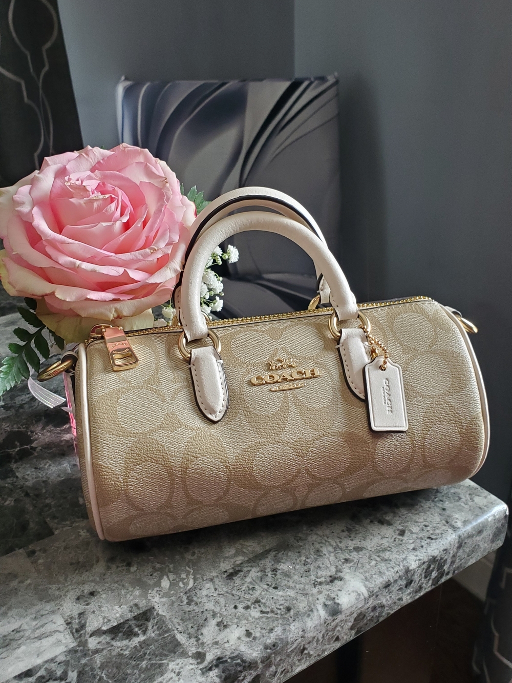 COACH Signature Canvas Small Barrel Satchel in Beige Chalk -No Crossbody Strap